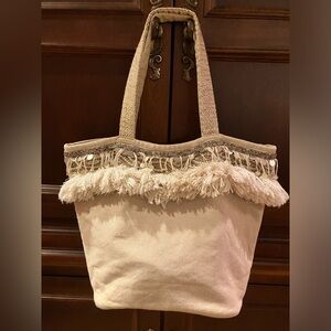 Chico’s Tan Metallic Cotton Beaded and Fringed Large Tote Bag. Stylish Versatile